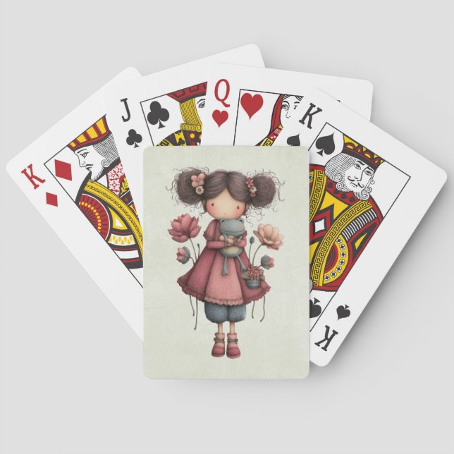 Mädchen mit einer Froschpuppe Niedlich Whimsical Spielkarten (Rückseite)