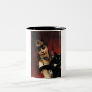 Mädchen mit einer schwarzen Katze auf dem Arm Zweifarbige Tasse
