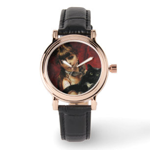 Mädchen mit einer schwarzen Katze in ihren Armen Armbanduhr