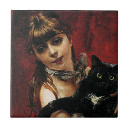 Mädchen mit einer schwarzen Katze in ihren Armen Fliese