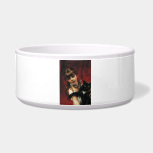 Mädchen mit einer schwarzen Katze in ihren Armen Napf