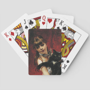 Mädchen mit einer schwarzen Katze in ihren Armen Spielkarten