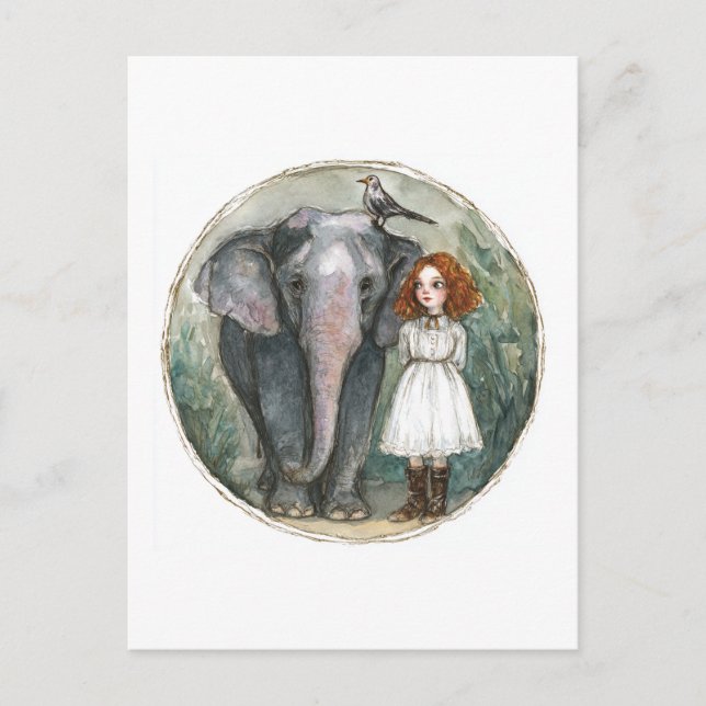 Mädchen mit Elefant und Vogel Postkarte (Vorderseite)