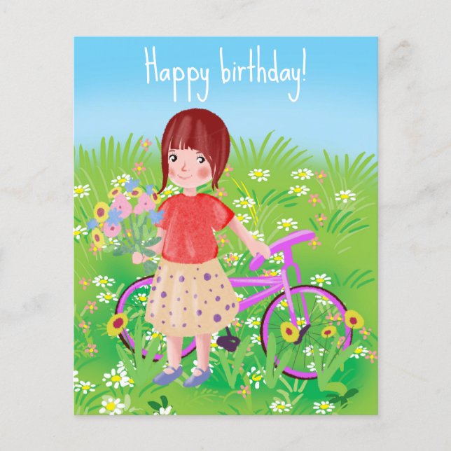 Mädchen mit Fahrrad auf einer blühenden Wiese (Vorderseite)
