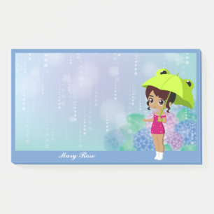 Mädchen mit Frosch Umbrella & Hydrangea Blume Blau Post-it Klebezettel