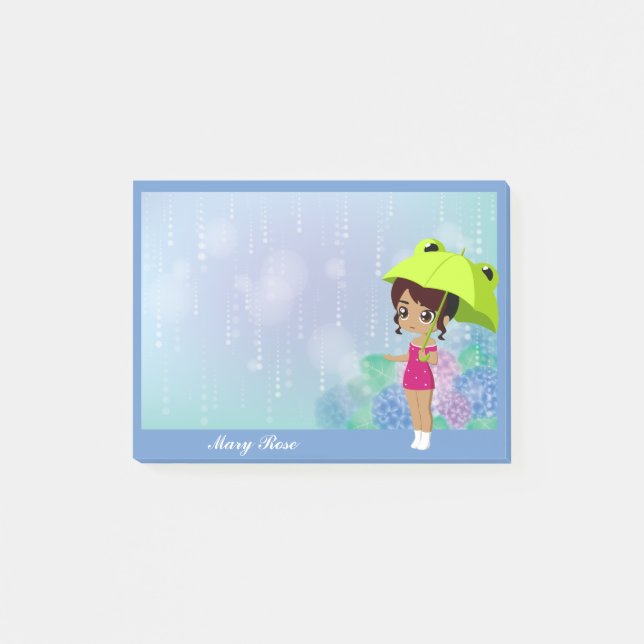 Mädchen mit Frosch Umbrella & Hydrangea Blume Blau Post-it Klebezettel (Vorderseite)