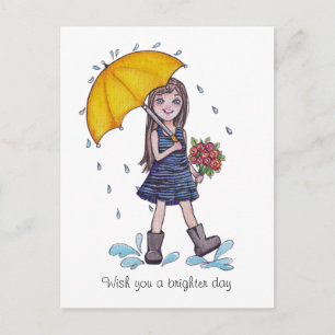 Mädchen mit gelbem Regenschirm in Wasserfarbe Postkarte