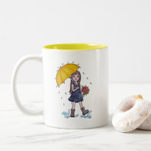 Mädchen mit gelbem Regenschirm in Wasserfarbe Zweifarbige Tasse
