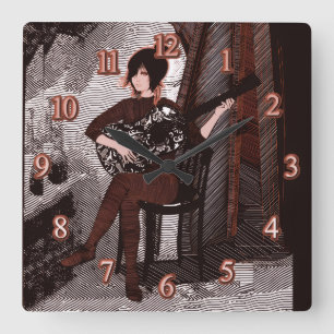 Mädchen mit Gitarre Quadratische Wanduhr