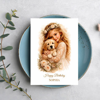 Mädchen mit Golden Retriever Welpe Karte