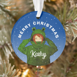 Mädchen mit Green Frog Hoodie Zeichnend Weihnachte Ornament