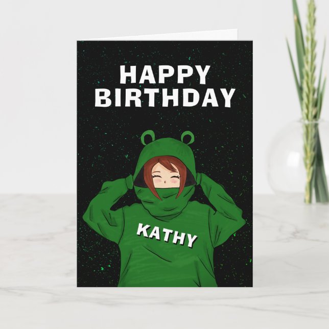 Mädchen mit Green Frog Hoody Zeichnend Geburtstag Karte (Vorderseite)
