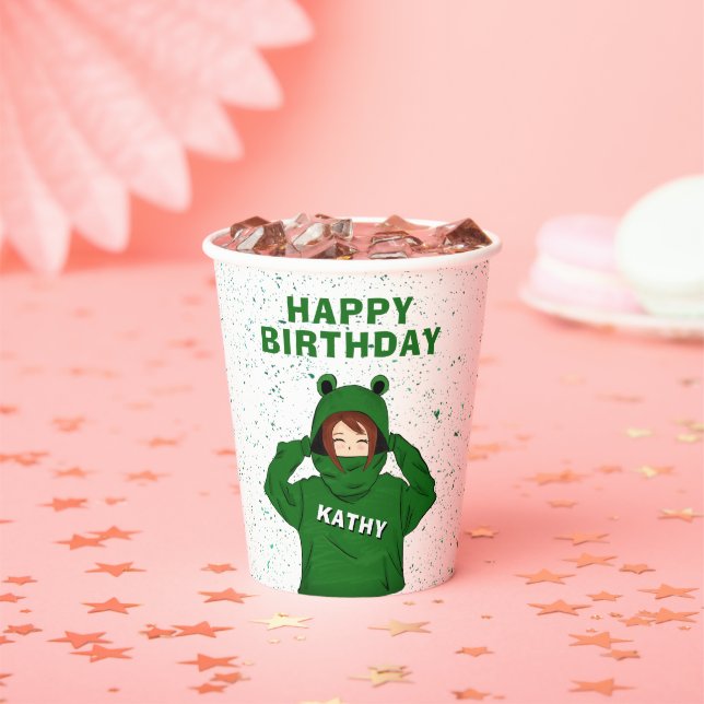 Mädchen mit Green Frog Hoody Zeichnend Geburtstag Pappbecher (Insitu)