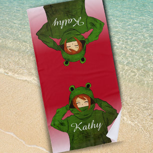Mädchen mit Green Frog Hoody Zeichnend Individuell Strandtuch