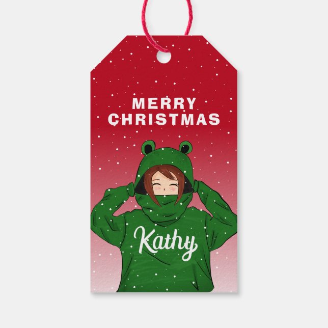 Mädchen mit Green Frog Hoody Zeichnend Weihnachten Geschenkanhänger (Rückseite)