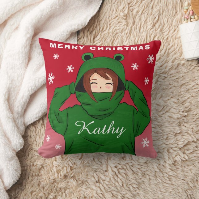 Mädchen mit grünem Frosch Hoodie Schneeflocken Wei Kissen (Decke)