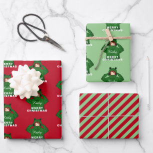 Mädchen mit grünem Frosch-Hoodie-Zeichnung Weihnac Geschenkpapier Set