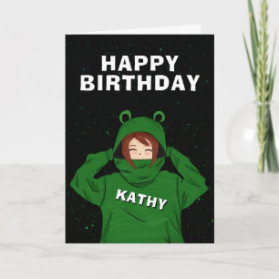 Mädchen mit grünem Frosch-Hoodie-Zeichnung zum Geb Karte