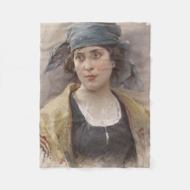 Mädchen mit grünem Kopftuch (von Ludwig Passini) Fleecedecke (Vorderseite)