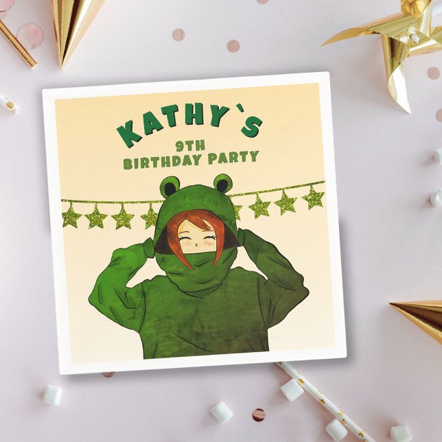 Mädchen mit Grünen Frosch Hoodie Zeichnend Geburts Serviette (Von Creator hochgeladen)