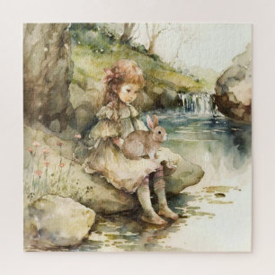 Mädchen mit Hasen Wasserfarbenmalerei