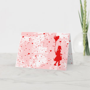 Mädchen mit Herzballon. Liebe I Sie. red&pink. Feiertagskarte