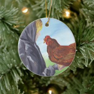 Mädchen mit Hühnerdekor Keramik Ornament