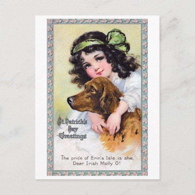 Mädchen mit Irish Setter Dog, Saint Patrick's Day Postkarte (Vorderseite)