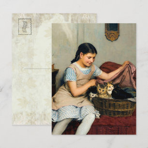 Mädchen mit Kätzchen im Korb von Albert Anker Postkarte