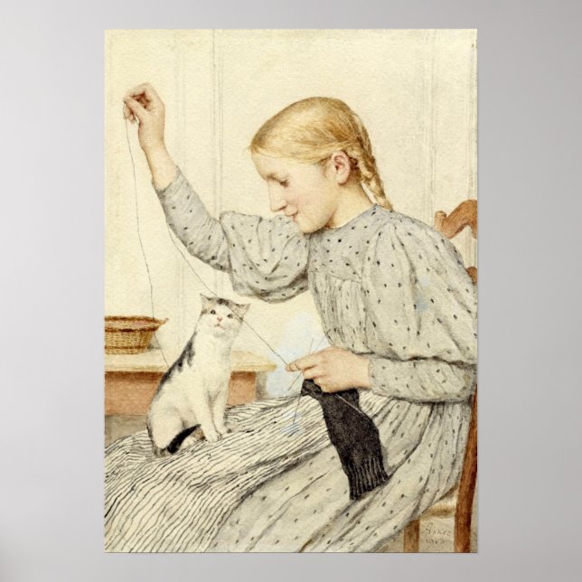Mädchen mit Katze, Albert Anker Poster (Vorne)