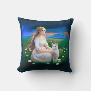 Mädchen mit Katze auf einer Wiese bei Twilight Kissen