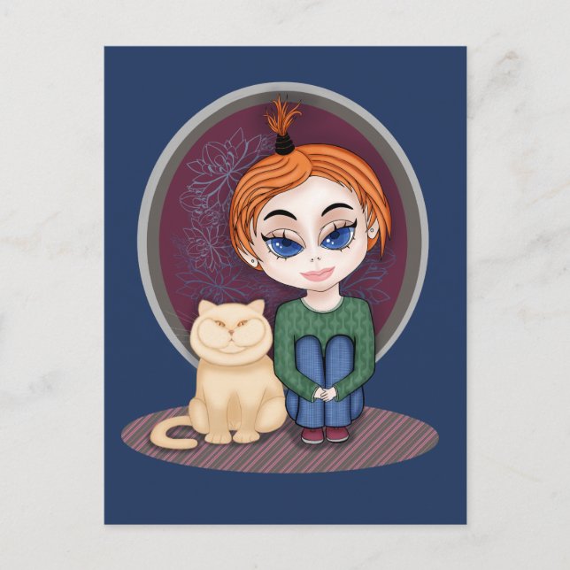 Mädchen mit Katze. Chibi Style. Über echte Freunde Postkarte (Vorderseite)