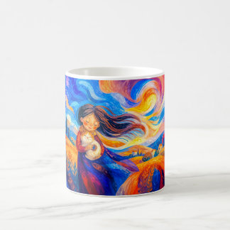 Mädchen mit Katze in fließenden, windigen Farben Kaffeetasse