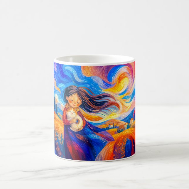 Mädchen mit Katze in fließenden, windigen Farben Kaffeetasse (Mittel)