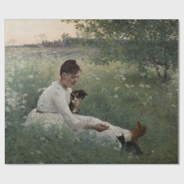 Mädchen mit Katzen in einer Sommerlandschaft (Kätz Geschenkpapier