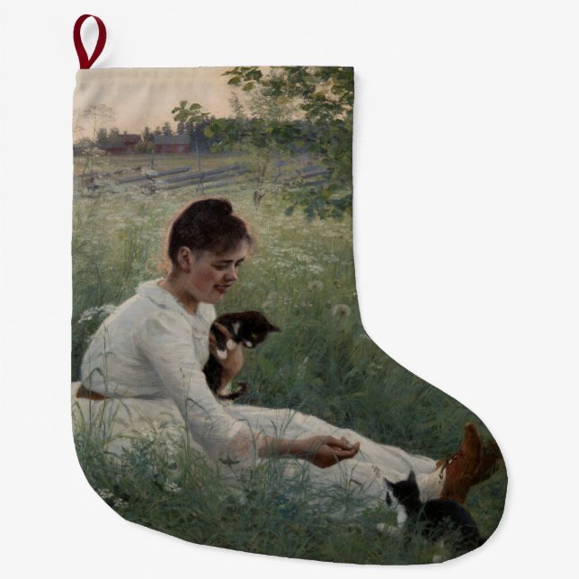 Mädchen mit Katzen in einer Sommerlandschaft (Kätz Großer Weihnachtsstrumpf (Vorderseite)