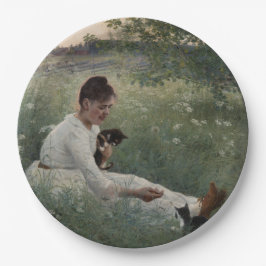 Mädchen mit Katzen in einer Sommerlandschaft (Kätz Pappteller