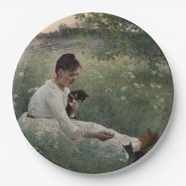 Mädchen mit Katzen in einer Sommerlandschaft (Kätz Pappteller (Vorderseite)
