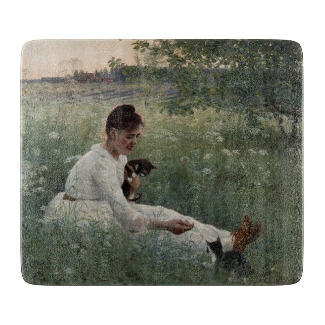 Mädchen mit Katzen in einer Sommerlandschaft (Kätz Schneidebrett (Vorderseite)
