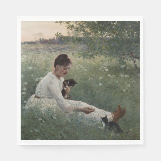 Mädchen mit Katzen in einer Sommerlandschaft (Kätz Serviette (Vorderseite)