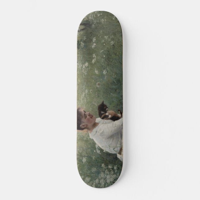 Mädchen mit Katzen in einer Sommerlandschaft (Kätz Skateboard (Vorderseite)