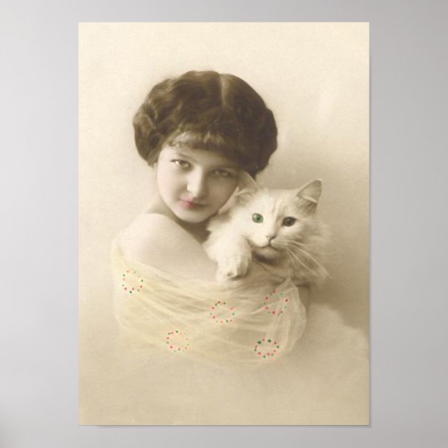 Mädchen mit katzenloser Vintager Kunst Poster (Vorne)