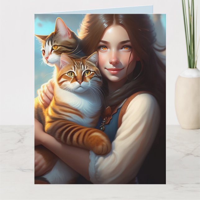 MÄDCHEN MIT KATZKATZEN KUNST Grußkarten Karte (Vorderseite)