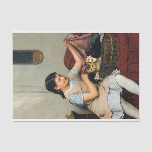 Mädchen mit Kittens in Basket von Albert Anker Seidenpapier (Vorderseite)