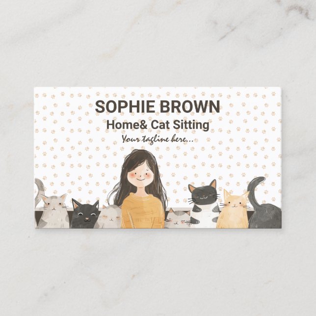 Mädchen mit Kittens Wasserfarbkatze und Zuhause Si Visitenkarte (Vorderseite)