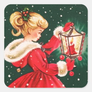 Mädchen mit Laterne im Vintage-Weihnachtsstil Quadratischer Aufkleber