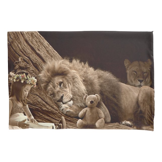 Mädchen mit Löwe und Teddy Bear Kissenbezug (Vorderseite)