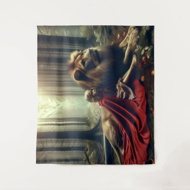 Mädchen mit Löwe Wandteppich (Vorderseite)