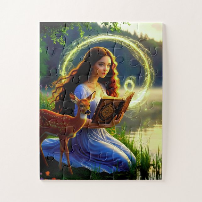 Mädchen mit magischem Hirsch und Buch  (Vertikal)
