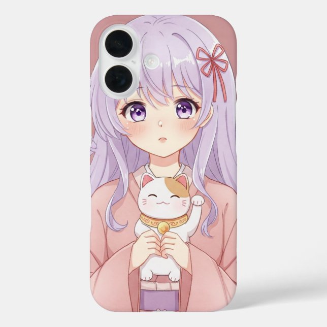 Mädchen mit Maneki-Neko von Natasha Us iPhone 16 Hülle (Rückseite)